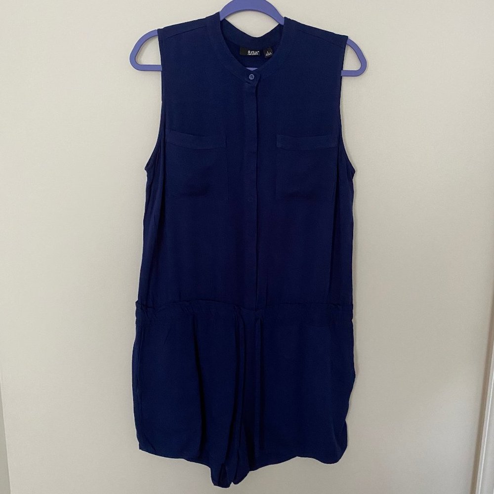 navy buttoned romper with pockets